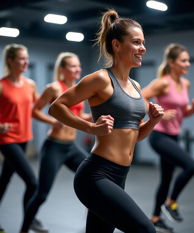 Motivierte Teilnehmer in einem Gruppenfitness-Kurs bei AlpinePulse Fitness.