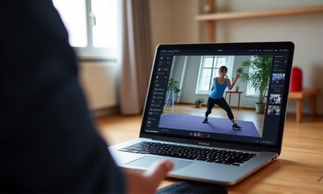 Eine Person nimmt an einem Online Fitness Coaching via Laptop teil.